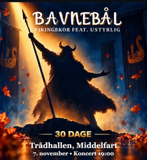 Plakat for Bavnebål, Vikingekor feat. USTYRLIG: viking i silhuet med spyd, Trådhallen Middelfart 7. november